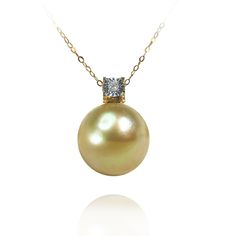 Golden Pearl In 18K Gold diamond Pendant, 13.5-14MM Australian South Sea Cultured Pearl And 18K Solid Gold Genuine Diamond Accent Pendant Classic Gold Diamond Pearl Necklace, Yellow Round Pearl Necklace As A Gift, Yellow Round Pearl Necklace Gift, Yellow Pearl Necklace As A Gift, Gold Akoya Pearl Necklace With Diamond Accents, Elegant Yellow Pearl Necklaces, Elegant Yellow Pearl Necklace, Yellow Round Pearl Pendant Jewelry, Yellow Gold Pearl Necklace With Diamond Accents