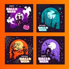 four square halloween cards with pumpkins, ghost and bats in the night sky on an orange background