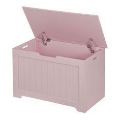 a pink toy chest with two doors and handles