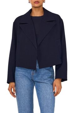 Pull together your look with the contemporary style of a go-to jacket featuring wide notched lapels and a boxy, oversized fit. 21" length (size 8) Open front Notched lapels Front welt pockets Lined 99% Tencel® lyocell, 1% spandex Tencel lyocell is a more-sustainably produced fiber made with closed-loop processing Dry clean Imported Modern Notched Outerwear For Spring, Oversized Collared Chic Blazer, Modern Single Breasted Cropped Jacket For Fall, Modern Single-breasted Cropped Jacket For Fall, Oversized Chic Collared Blazer, Chic Oversized Cropped Jacket With Pockets, Oversized Modern Pea Coat, Modern Collared Blazer For Work, Modern Structured Cropped Jacket For Fall