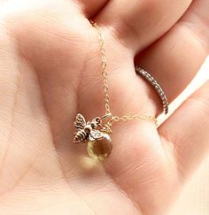 Tiny Gold Honey Bee Necklace, Gold Filled Gemstone Necklace - Bronze Honeybee Charm - Minimal Everyd Handmade Honey Color Jewelry Gift, Handmade Honey Jewelry For Gift, Handmade Honey-colored Jewelry For Gifts, Dainty Yellow Charm Necklace For Gifts, Bee Sweet, Honey Jewelry, Bee Jewelry, Bee Necklace, Bee Charms