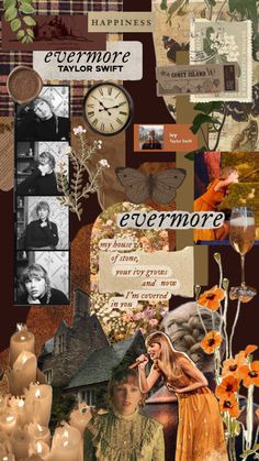 a collage with many different pictures and words on it's side, including an image of a woman in a dress