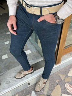 Jeans With Side Pockets, Slim Fit Pants Men, Mens Casual Dress Outfits, Summer 22, Mens Casual Dress, Dark Blue Jeans, Pants Design, Slim Fit Pants, Mens Casual