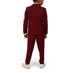 Perfect for a fall or winter special occasion, this 3-piece suit set from Opposuits' toddler boy's collection is made from breathable woven fabric to keep him comfortable. It includes a single-breasted blazer with notch lapels, straight-leg pants with a zip with hook-and-eye closure and side pockets, and a matching clip-on tie. Style it with a crisp crew neck t-shirt or button-down with sneakers.# Pieces In Set: 3Included: 1 Tie(s)1st Piece Description: Blazer1st Piece Collar: Banded Collar1st P Classic Red Sets For Winter, Classic Red Winter Sets, Classic Fall Sets In Solid Colors, Red Notch Lapel Set For Fall, Tailored Red Sets For Fall, Classic Red Fall Clothing Sets, 3 Piece Suits, Breasted Blazer, Suit Set