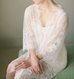 Bridal Lace Robe Kimono (#Isabella) - Dream Dresses by P.M.N
 - 1 Bridal Train, Lace Bridal Robe, Bridal Kimono, Scalloped Neckline, Bridal Robe, Lace Cuffs, Dream Dresses, Bridal Veils, Ultra Feminine