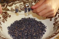 a person scooping blue flowers into a white bowl with brown designs on the rim