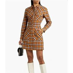 Veronica Beard Women's Fern Mini Shirt Dress Plaid Flannel Saffron Long Sleeve 6 Standard, Fold Over Collar Button-Down Closures At Front Invisible Zipper On Skirt Buttons Along Skirt Are Not Function Long Sleeves 100% Cotton New With Tags K Brown Long Sleeve Shirt Dress For Fall, Fitted Shirt Dress With Pockets For Fall, Fall Workwear Mini Shirt Dress, Fitted Fall Shirt Dress With Placket, Fall Mini Length Shirt Dress For Workwear, Fall Mini Shirt Dress For Work, Fitted Shirt Dress With Placket For Fall, Fall Cotton Shirt Dress, Brown Button-up Shirt Dress For Fall