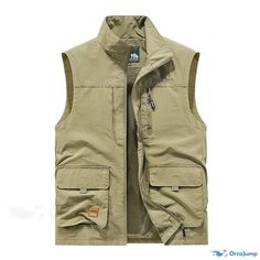 OrcaJump - Casual Loose Vest with Zipper, Multiple Pockets, Sleeveless Tank Top, Green Fathers Vest Jacket Sleeveless Outerwear For Spring Outdoor Activities, Sleeveless Spring Outerwear For Outdoor, Outdoor Vest With Pockets, Khaki Outdoor Vest For Fall, Outdoor Solid Color Vest With Pockets, Outdoor Activities Vest With Pockets, Outdoor Activities Solid Color Vest With Pockets, Spring Outdoor Vest With Side Pockets, Outdoor Spring Vest With Side Pockets