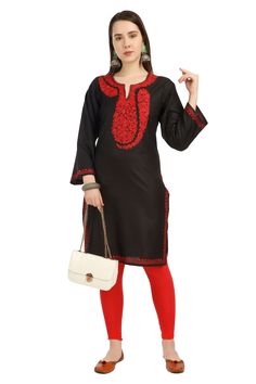 "Kashmiri Aari Embroidered Cotton Kurti.These Kurtis Is Made Of Rayon Cotton Its Embroidered With Aari Work.The Embroidery Done On This Is A Traditional Kashmiri Embroidery Known As 'Aari Work''.It Can Be Matched With Many Outfits.A Stunningly Marvellous Kurti. Product Details - Condition: Brand New - Handmade - Style: Kurti Tunic - Fabric: Ruby Cotton - Embroidery: Kashmiri Aari Embroidery - Embroidery Color: red - Kurti Length: 39\" Inch - Kurti Chest: 40'' Inch - Care Instructions: Handwash O Zari Work Embroidered Top For Eid, Unstitched Resham Embroidered Fabric, Unstitched Floral Embroidered Fabric, Traditional Black Embroidered Top, Black Semi-stitched Embroidered Fabric, Embroidered Fabric With Zari Work, Festive Embroidered Fabric With Self Design, Traditional Black Embroidered Top For Festive Occasions, Traditional Black Embroidered Festive Top