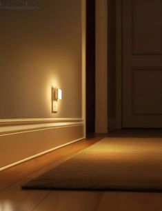 a light that is on the side of a wall next to a door and carpet