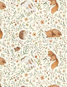 an animal themed wallpaper with rabbits and flowers on the side, in white background