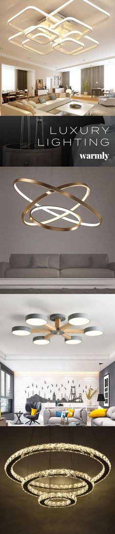 three different types of circular lights hanging from the ceiling in a living room, kitchen and dining area