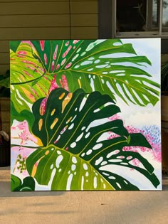 a painting of tropical leaves and pink flowers in front of a house with potted plants