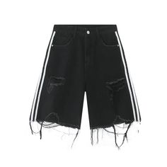 These shorts are the perfect addition to your summer wardrobe. Crafted from lightweight denim fabric, they feature a classic ripped design and unisex fit. The distressed detailing and side stripes add a stylish touch, while the raw hemline gives them a cool, edgy look. Shorts Design Ideas, Men Summer Streetwear, Black Jeans Shorts, Shorts Design, Hip Hop Pants, Y2k Shorts, Summer Shorts Denim, Summer Streetwear, Ripped Denim Shorts