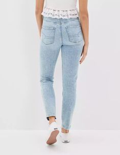 AE Strigid Mom Jean Trendy High-rise Tapered Bottoms, Mom Fit Tapered Leg Bottoms With Belt Loops, Casual Mom Fit Tapered Leg Bottoms, Light Wash Tapered Leg Bottoms, Trendy Mom Fit Tapered Leg Bottoms, Casual High Rise Tapered Bottoms, Rip Mom, Ae Jeans, High Waisted Mom Jeans