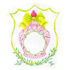 Monogram Crest - Chinese Vase with Bow in Green & Pink Painted Canvas Kate Dickerson Needlepoint Collections Weddings Idea, Chinese Vase, Needlepoint Stitches, 5 Gifts, Pink Paint, Needlepoint Kits, Embroidery Fonts, Needlepoint Canvases, Gift Card Sale