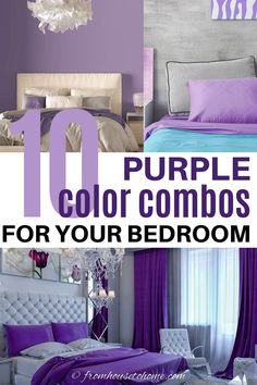 purple and grey bedroom with text overlay that reads 10 purple color combos for your bedroom