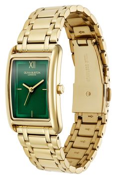 A minimalist dial adds streamlined elegance to a slim rectangular watch set on a gleaming bracelet for luxe appeal. 23mm case; 18mm band width Deployant clasp closure Quartz movement Stainless steel or stainless steel with goldtone plate Imported Elegant Green Rectangular Watches, Elegant Green Rectangular Watch, Elegant Green Watches With Rectangular Dial, Green Rectangular Watches For Formal Occasions, Elegant Rectangular Stainless Steel Watch, Elegant Green Watch With Metal Dial, Modern Rectangular Watch With Stainless Steel Clasp, Rectangular Stainless Steel Watch With Polished Finish, Elegant Rectangular Watch With Stainless Steel Clasp