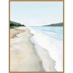 a painting of a beach with water and hills in the background on a white frame