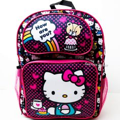 Sanrio Hello Kitty Large 16" School Backpack   All Over Print Backpack Measures 16" Height 12" Width And 5" Depth  With Adjustable Shoulder Straps Brand New Licensed By Sanrio With Tags Fast Shipping! Hello Kitty Backpack For Back To School, Back To School Hello Kitty Backpack, Hello Kitty Backpack For Daily Use, Hello Kitty Backpack For Everyday Use, Hello Kitty Print Bags For Back To School, Hello Kitty Print Backpack For Back To School, Pink Hello Kitty Backpack, Rectangular Backpack With Cat Design For Back To School, Hello Kitty Print Backpack For Daily Use