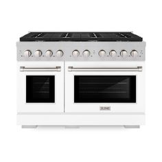 a white stove top oven with two burners and three doors on the front side