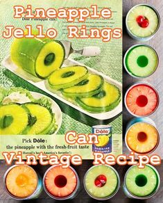 an advertisement for pineapple jello rings with pictures of different types of fruit in them