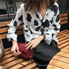 Cow Pattern Printed Loose Shirt – Tomscloth Casual Long Sleeve Tops With Cow Print, Casual Long Sleeve Cow Print Top, Casual Office Shirt With Graphic Print, Casual Printed Office Shirt, Pattern Shirt Outfit, Summer Y2k Outfits, Outfits Pastel, Pastel Goth Fashion, Baby Tees Y2k