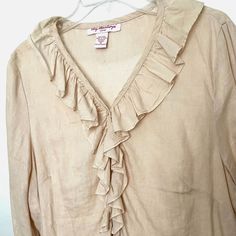 Linen Shirt 100% linen blouse  size XL v neck with ruffles Beautiful coastal cowboy peasant top blouse Perfect old money addition to capsule wardrobe  The Pictures do not show the stunning details of this shirt.  I have a lot of linen and wool Clothes from an estate, these clothes are all nice quality and many are new with tags., I am trying to get them listed at least a few per week.  There are shirts, sweaters, pants, dresses, jackets as well as linen fabric, vintage linens, table clothes, etc. Linen V-neck Tops With Ruffles, Spring Linen Ruffled Tops, Spring Linen Ruffle Tops, Ruffled Linen Blouse, Casual Beige Blouse With Ruffle Hem, Summer Linen Top With Ruffled Collar, Long Sleeve Linen Tops With Ruffles, Bohemian Ruffled Collar Top For Summer, Summer Bohemian Tops With Ruffled Collar