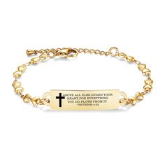 Elevate your faith with our stunning stainless steel Bible verse bracelet, a symbol of hope and peace. This beautiful accessory serves as a tangible reminder of faith and inner strength, providing inspiration and comfort during daily wear. Crafted with care, this bracelet is nickel-free and waterproof, making it skin-friendly and enduring. Its low allergenicity ensures comfort and confidence, allowing you to wear your faith proudly. With an adjustable heart chain and lightweight design, this bra Adjustable Tarnish Resistant Bracelets For Mother's Day, Valentine's Day Adjustable Chain Bracelet, Adjustable Tarnish-resistant Heart Bracelet Gift, Inspirational Heart-shaped Adjustable Bracelets, Personalized Adjustable Stainless Steel Heart Bracelet, Adjustable Stainless Steel Heart Bracelet As Gift, Inspirational Adjustable Gold Charm Bracelet, Adjustable Cross Chain Bracelet As Gift, Inspirational Gold-toned Stainless Steel Jewelry