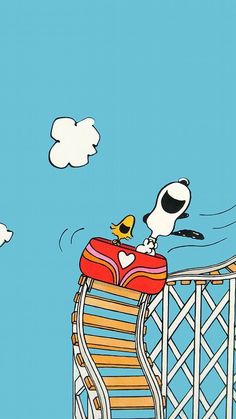 a cartoon dog sitting on top of a chair next to a bird flying over it