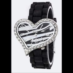 Bezel (approx face circumference) - 1.8" , Strap Width - .8", Stainless SteelBuckle Closure, Lead & Nickel Compliant #AffordableJewelry #FashionJewelry #JewelyAddict #ItsaBlingThing #AffordableFashion #Trendy #WristGame #Watch #FashionWatch #RareFind Trendy Black Watch For Gift, Trendy Black Watch For A Gift, Trendy Black Watch As A Gift, Trendy Black Party Watches, Heart Watch, Wrist Game, Black Animals, Affordable Jewelry, Affordable Fashion