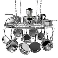 a metal rack with pots and pans hanging from it's sides on a chain