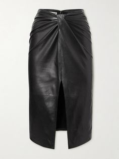 SAINT LAURENT's midi skirt is crafted from buttery-soft leather in a sleek pencil shape and knotted at the waist. Wear it with a plunging bodysuit and stilettos. Black Leather Pencil Skirt, Cotton Midi Skirt, Latest Skirts, Leather Midi Skirt, Satin Midi Skirt, Black Leather Skirts, Black Midi Skirt, Clothes Collection, Everyday Wardrobe