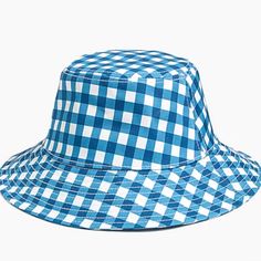 J.Crew Factory Printed Blue Plaid Check Sun Or Bucket Hat - Women’s Size Medium/Large - New With Tags Blue Cotton Wide Brim Hat, Blue Cotton Bucket Hat With Flat Brim, Casual Blue Bucket Hat One Size, Blue Cotton Bucket Hat For Spring, Casual Blue Sun Hat With Short Brim, Spring Blue Cotton Bucket Hat, Blue Wide Brim Cotton Sun Hat, Blue Cotton Wide Brim Sun Hat, Light Blue Casual Bucket Hat For Beach