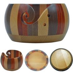 a wooden bowl with three different designs on the side and two matching bowls in front