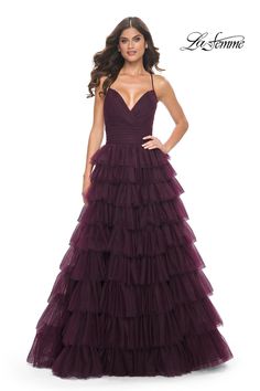 Experience pure elegance with the La Femme 32086 evening dress. This enchanting tulle masterpiece from the Spring 2024 collection will captivate hearts with its intricate detailing and romantic essence. Perfect for galas or weddings, let your inner enchantress shine in this dress. Transport yourself to a world of everlasting beauty. 💫✨ Tiered Prom Dress, Long A Line Skirt, Ruffle Prom Dress, Tulle Balls, Dress Display, Corset Lace, Tulle Ball Gown, Prom Designs, Designer Prom Dresses