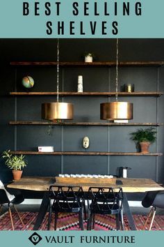 a dining room with black walls and wooden shelves