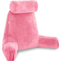 a pink reclining chair that is shaped like an armrest and has a pillow on it