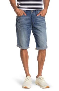 12" inseam; 18" leg opening; 10" front rise; 18" back rise (size 32) Zip fly with button closure Five-pocket style 100% cotton Machine wash, dry flat Imported Casual Fitted Jean Shorts With Pockets, Straight Leg Cotton Shorts With Side Pockets, Medium Wash Cotton Shorts With Side Pockets, Cotton Straight Leg Shorts With Side Pockets, Cutoff Bottoms With Hip Pockets In Medium Wash, Dark Wash Short Jeans With Hip Pockets, Denim Blue Jeans With Hip Pockets And Short Length, Dark Wash Bottoms With Side Pockets, Short Length, Dark Wash Bottoms With Side Pockets And Short Length