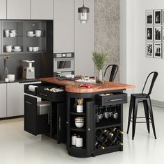 an island in the middle of a kitchen with wine bottles on it and two bar stools