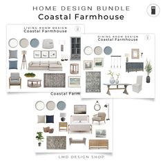 the coastal farmhouse home design bundle includes furniture and accessories, including chairs, couches, tables