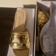 Brand New Gold Guess Slippers. Still In Box. Trendy Gold Slip-on Heels, Designer Gold Slip-on Heels, Guess Slides, Hot Pink Pumps, Fluffy Sandals, Wedge Flip Flops, Faux Fur Slippers, Trending Boots, Pink Pumps