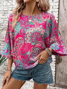 Bohemian Green Blouse With Vibrant Print, Green Bohemian Blouse With Vibrant Print, Bohemian Multicolor Print Tops For Beach, Bohemian Multicolor Print Tops For The Beach, Bohemian Multicolor Print Blouse For Summer, Bohemian Printed Summer Tops, Bohemian Printed Tops For Summer, Bohemian Pink Blouse With Vibrant Print, Pink Bohemian Blouse With Vibrant Print