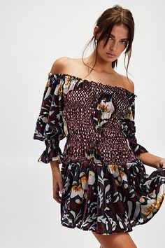 So femme and fun, this mixed print mini features a soft velvet fabrication and flattering drop-waist silhouette with an off-the-shoulder neckline and smocked bodice. **Fit:** Fit-and-flare style, A-line hem **Features:** Printed velvet fabrication, off-the-shoulder neckline, ¾ sleeves with elasticated cuffs, smocked bodice, drop-waist detail with flowy gathered skirt **Why We ❤ It:** This printed mini can be dressed up or down for whatever the occasion. | Bali Aveline Velvet Mini Dress at Free P Printed Velvet, Velvet Mini Dress, Mini Velvet Dress, Gathered Skirt, Mini Dress Shop, Drop Waist, Soft Velvet, Boho Outfits, Fit And Flare