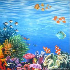 an underwater scene with fish and corals painted on the wall by children's artwork