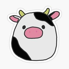 a cartoon cow sticker with black and white spots on it's face, sitting in