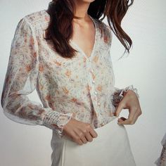 1.State Woodland Gardens Button Front Blouse Large, Soft Ecru Never Worn But No Tags Luxury White Floral Print Tops, White Printed Non-stretch Blouse, Luxury White Printed Blouse, Beige Floral Print Button-up Blouse, Woodland Gardens, Woodland Garden, White Silver, Color White, Womens Tops