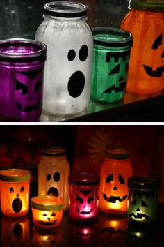 halloween mason jars with faces painted on them