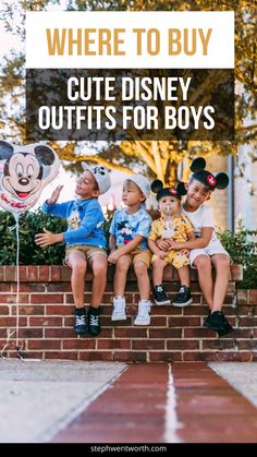 some kids are sitting on a brick wall with the words where to buy cute disney outfits for boys