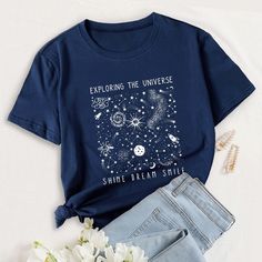 Summer Women T Shirt Versatile 100% Cotton Universe Space Stars Print Short Sleeve Oversized Tshirts Casual Graphic Tee Tops Trendy Relaxed Fit T-shirt With Star Print, Oversized Star Print Summer Tops, Casual Relaxed Fit Tops With Star Print, Casual Crew Neck T-shirt With Star Print, Trendy Blue Star Print Top, Trendy Blue Top With Star Print, Summer Crew Neck Top With Star Print, Relaxed Fit Short Sleeve Top With Star Print, Summer Crew Neck T-shirt With Star Print